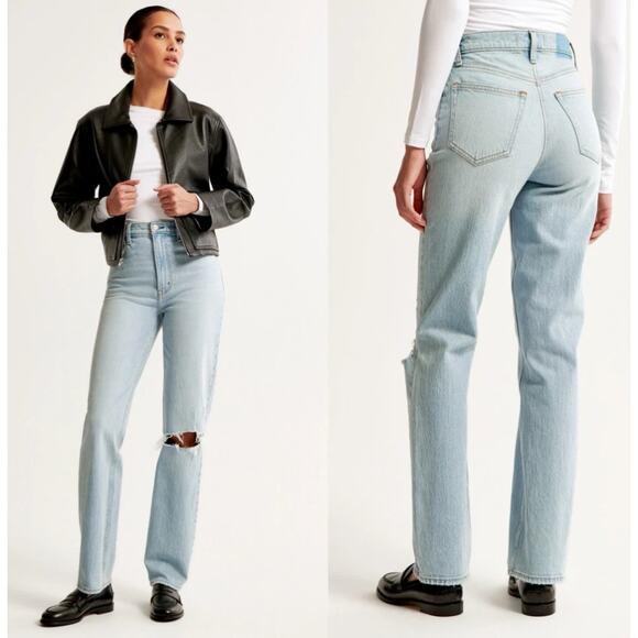 Abercrombie & Fitch Ultra High Rise 90s Straight Jeans Light Destructed Wash - Picture 1 of 9